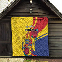 Personalized Romania independence day quilt, yellow-blue-red with Romanian crest, quilted squares pattern.