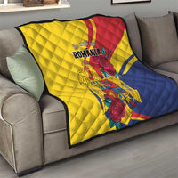 Personalized Romania independence day quilt on sofa, yellow-blue-red tricolor with eagle crest and roses.