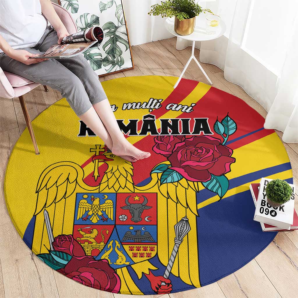 Round yellow carpet with Romania text, golden eagle and roses, full design visible.