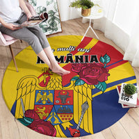 Round yellow carpet with Romania text, golden eagle and roses, full design visible.
