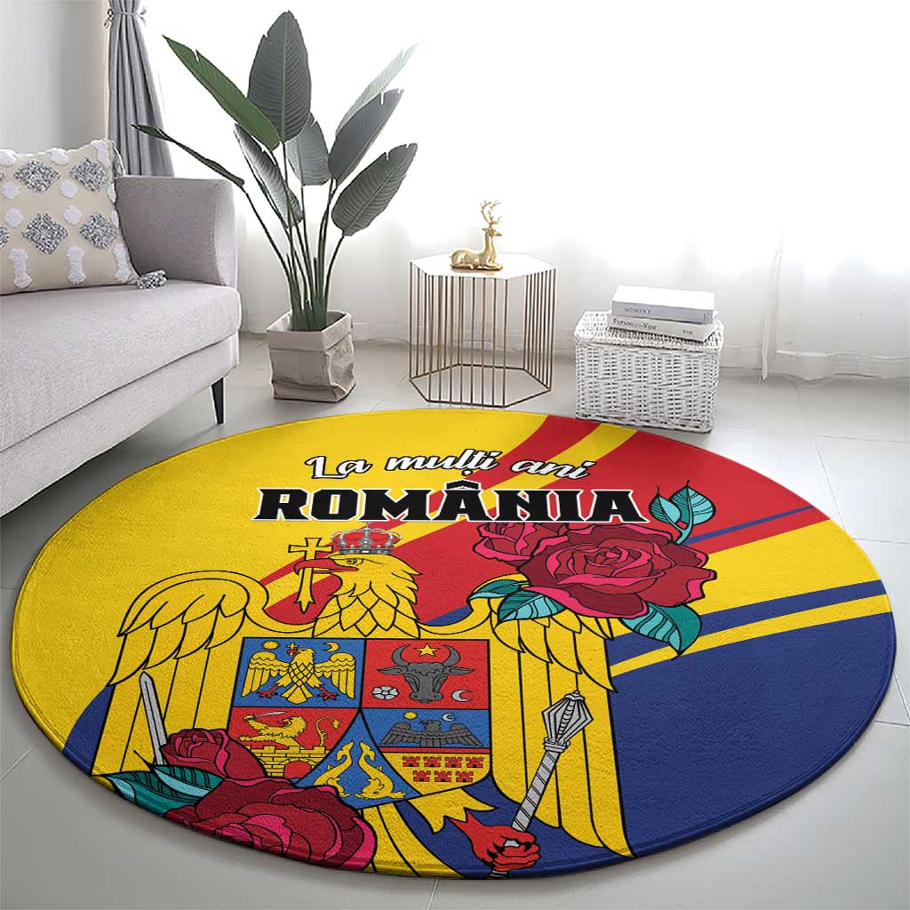 Round yellow carpet with Romania crest, golden eagle wings and red roses, wide view.