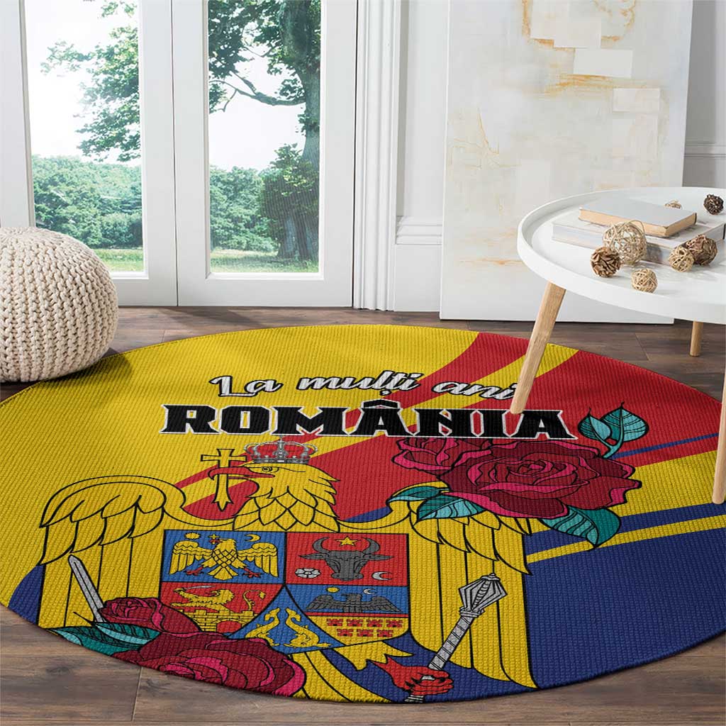 Round yellow carpet with Romania text and heraldic shield, eagle and roses, partial corner.
