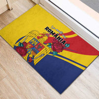 Personalized Romania doormat featuring eagle, roses, and crest colors on yellow and blue