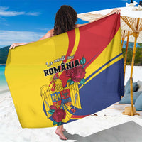 Multicolor Romania flag sarong with eagle and roses, draped and held across the body