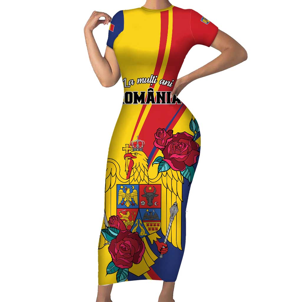 Personalized Romania Independence Day Short Sleeve Bodycon Dress Golden Eagle With Roses - Wonder Print Shop