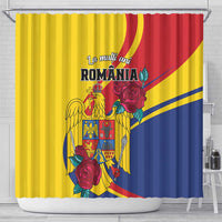 Romania independence day shower curtain with central crest, golden eagle and red roses