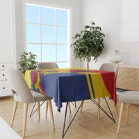 Printed Romania independence tablecloth in yellow, blue, and red on dining table