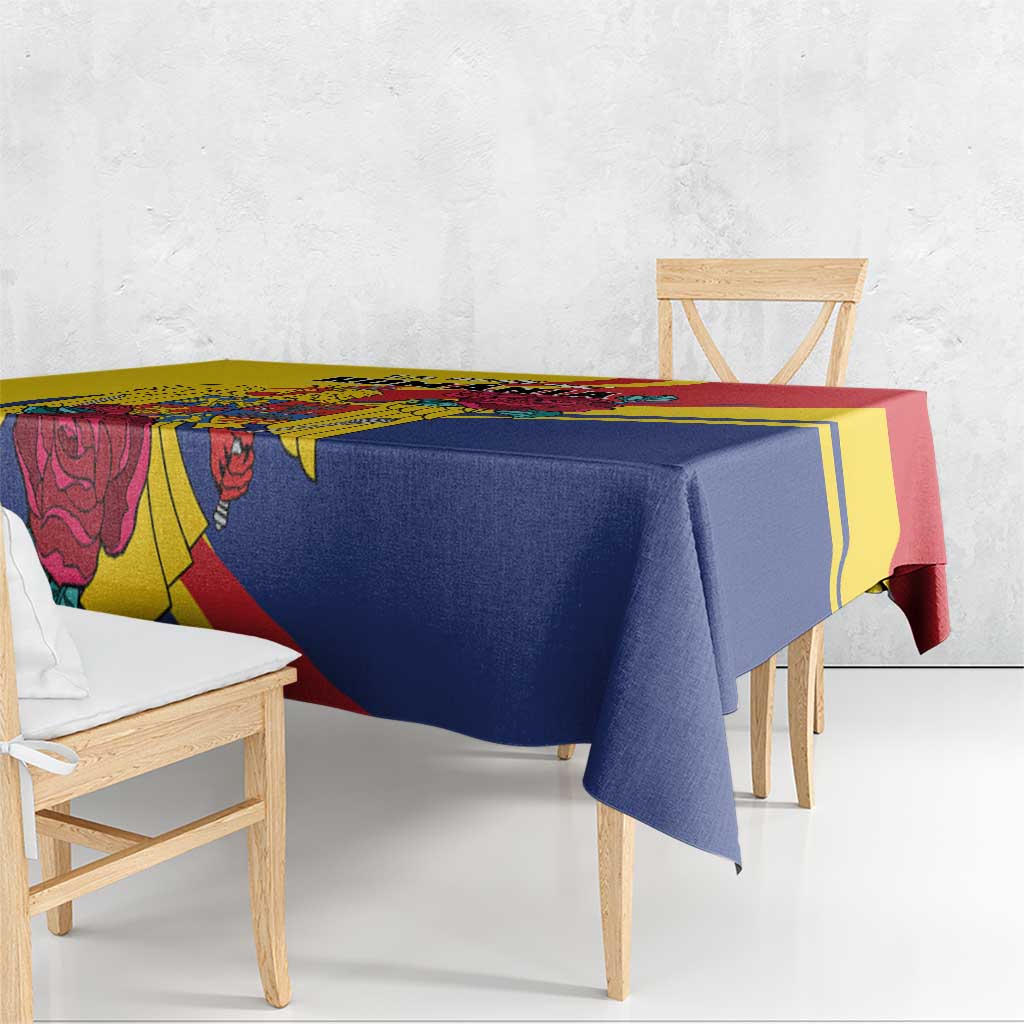 Corner view of Romania independence tablecloth in yellow, blue, and red colors