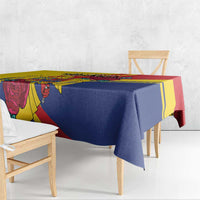 Corner view of Romania independence tablecloth in yellow, blue, and red colors