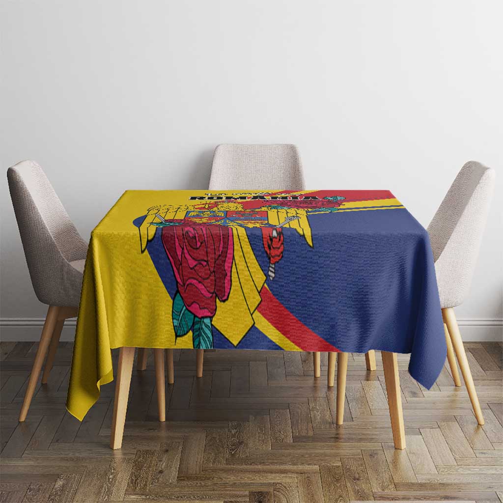 Romania independence tablecloth with rose and emblem design, yellow and blue