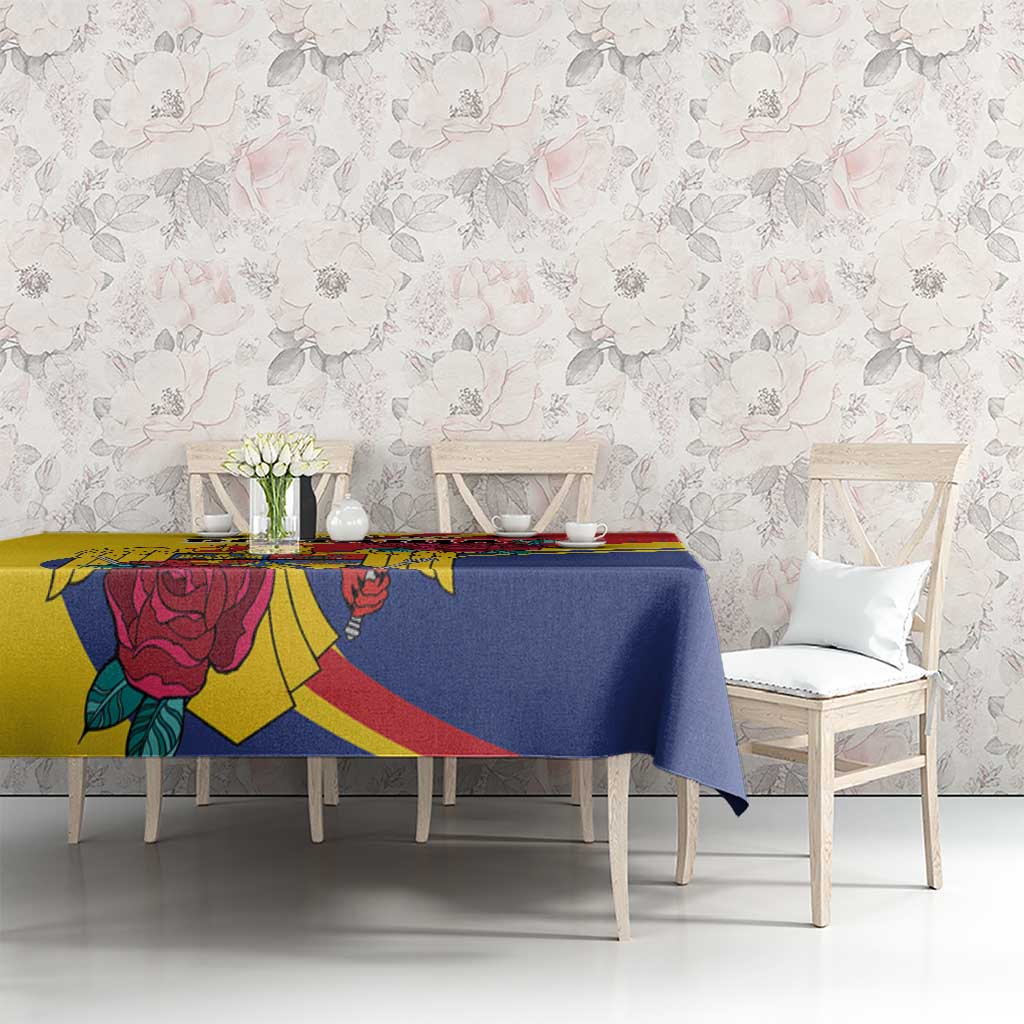 Romania independence tablecloth draped over table with eagle and rose artwork