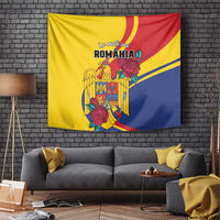 Romania independence day tapestry flag with golden eagle and red roses, yellow and blue