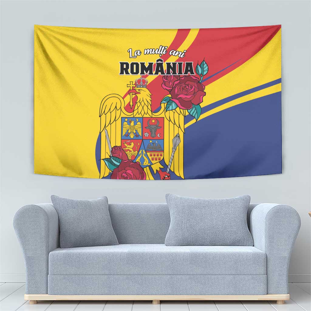 Romania independence day tapestry flag with golden eagle and roses, yellow blue and red