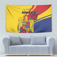 Romania independence day tapestry flag with golden eagle and roses, yellow blue and red