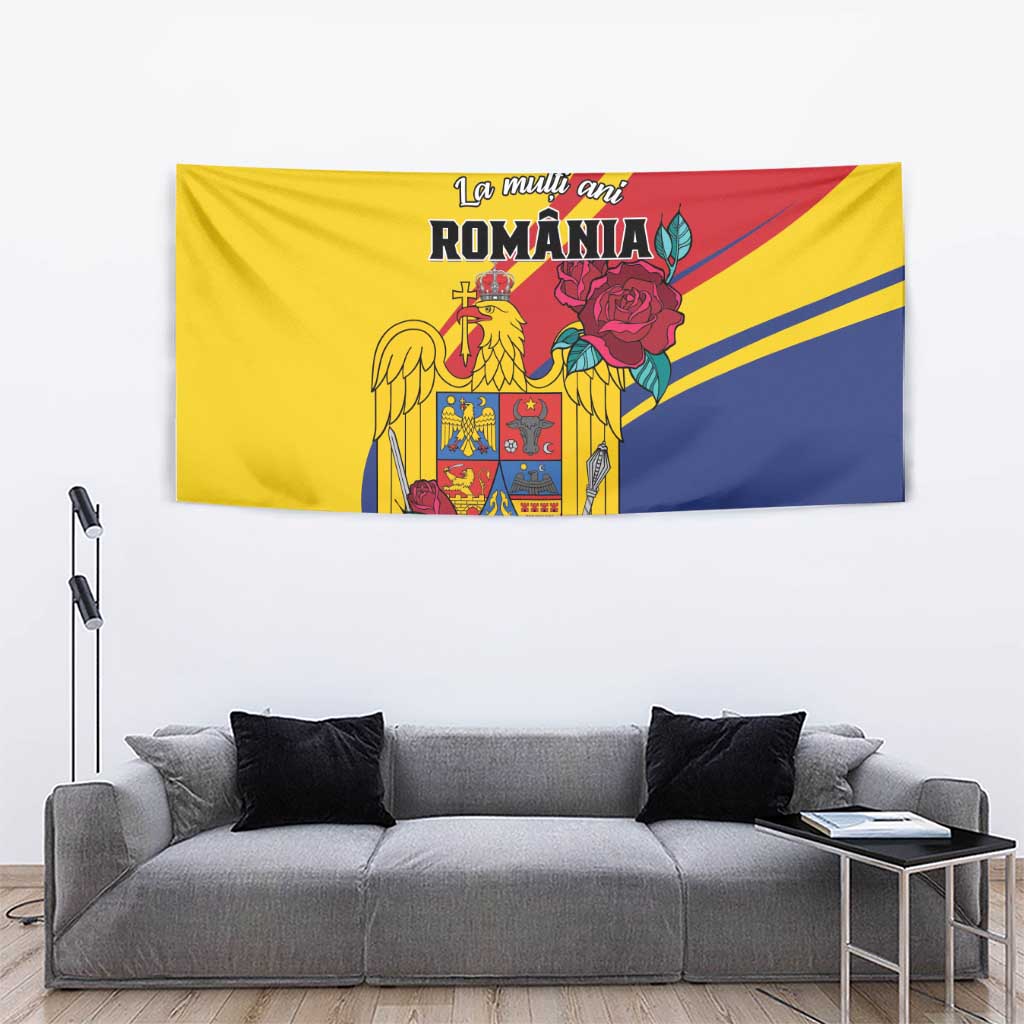 Romania independence day tapestry flag featuring eagle crest and red roses, yellow red and blue