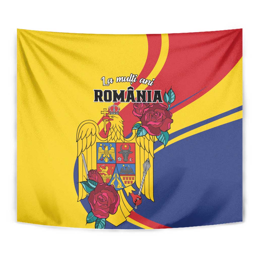 Romania independence day tapestry close-up with golden eagle and roses, yellow red and blue