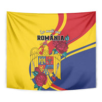 Romania independence day tapestry close-up with golden eagle and roses, yellow red and blue
