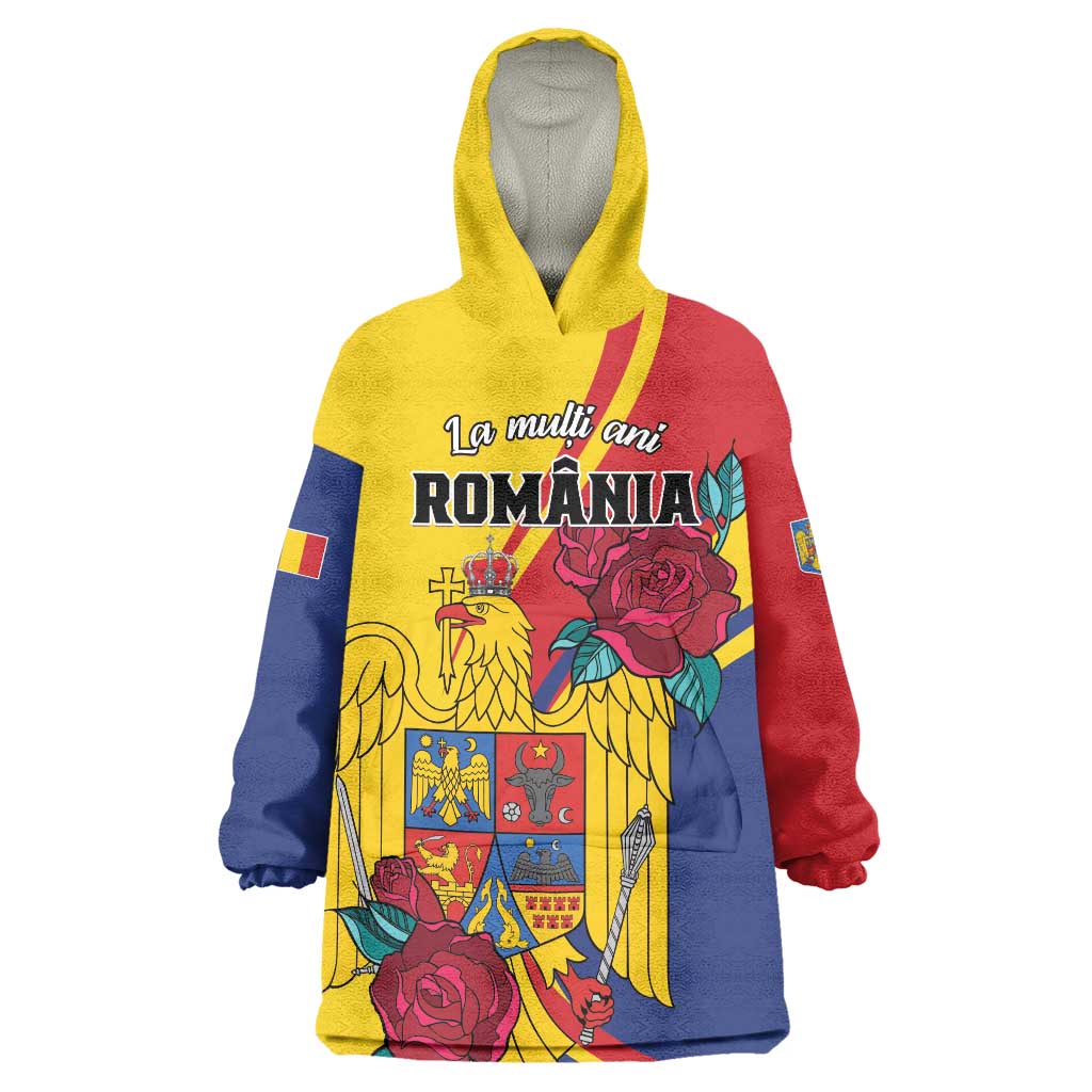 Personalized Romania Independence Day Wearable Blanket Hoodie Golden Eagle With Roses