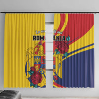 Romania window curtain set, yellow/red/blue panels with eagle and rose graphic print