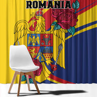 Romania window curtain with bold eagle and rose graphic in yellow and blue colors