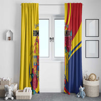 Romania window curtain set in yellow and red with blue lower section and eagle-rose print