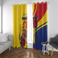 Romania window curtain pair with grommet-style top, yellow and red with eagle-rose print