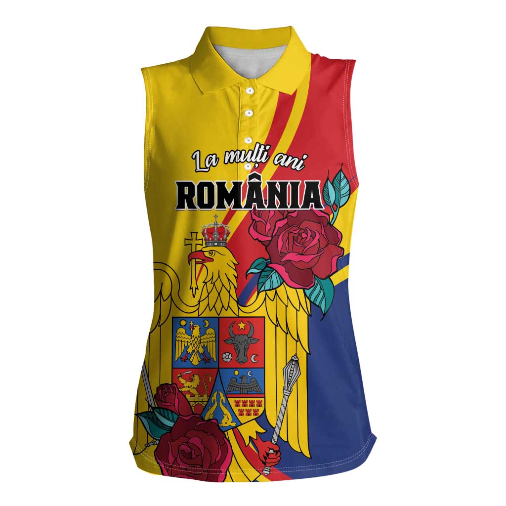 Personalized Romania Independence Day Women Sleeveless Polo Shirt Golden Eagle With Roses - Wonder Print Shop