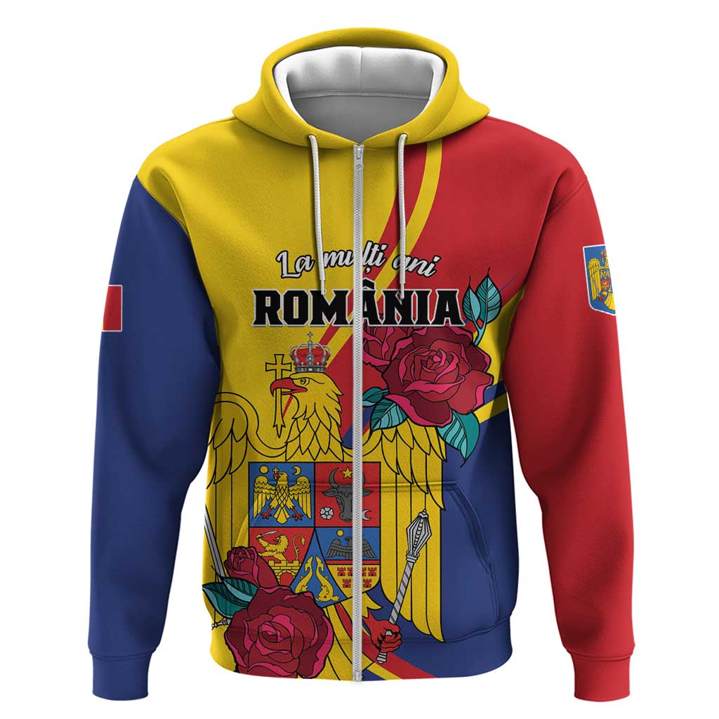 Personalized Romania Independence Day Zip Hoodie Golden Eagle With Roses - Wonder Print Shop