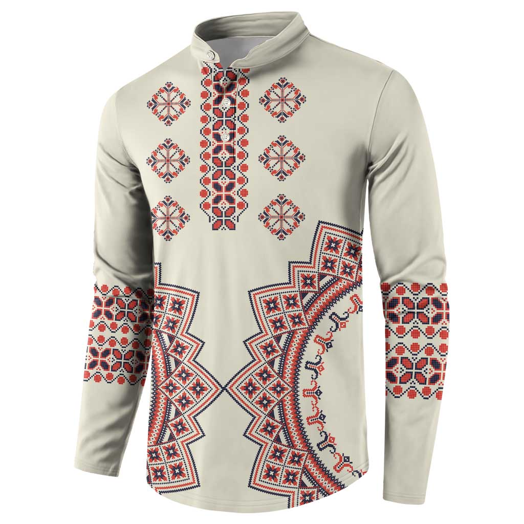 Beige button henley sweatshirt with central folk star pattern and patterned cuffs