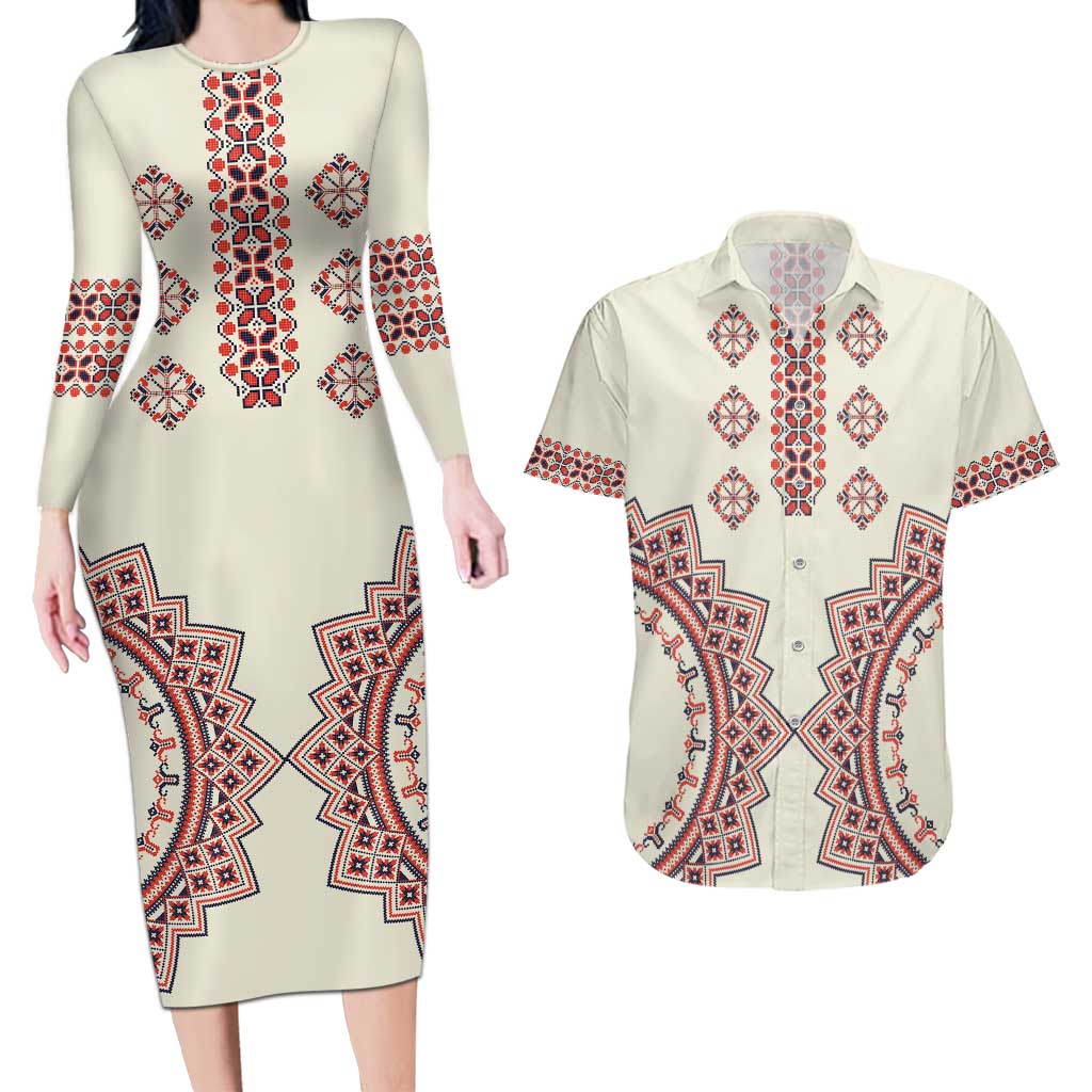 Romanian Traditional Pattern Couples Matching Long Sleeve Bodycon Dress and Hawaiian Shirt Unique - Wonder Print Shop