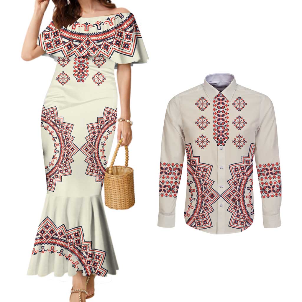 Romanian Traditional Pattern Couples Matching Mermaid Dress and Long Sleeve Button Shirt Unique