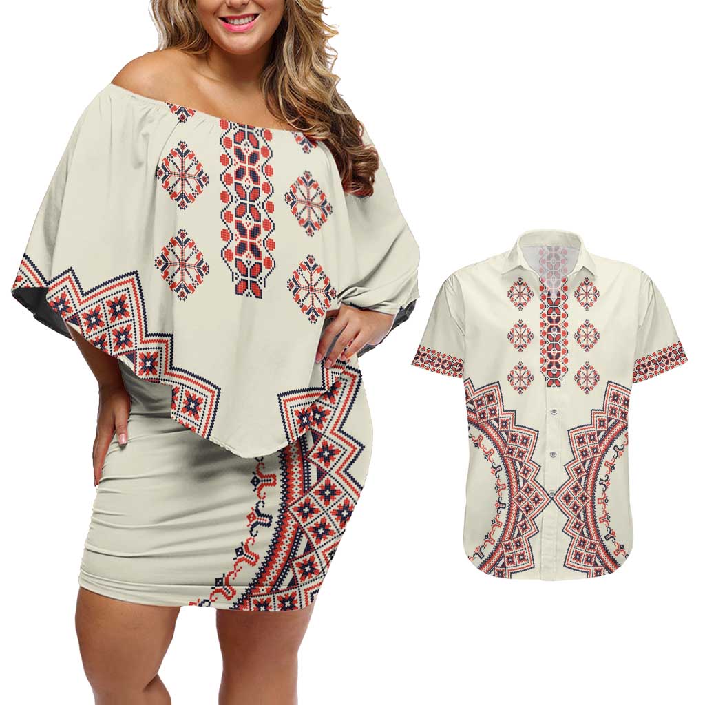 Romanian Traditional Pattern Couples Matching Off Shoulder Short Dress and Hawaiian Shirt Unique - Wonder Print Shop