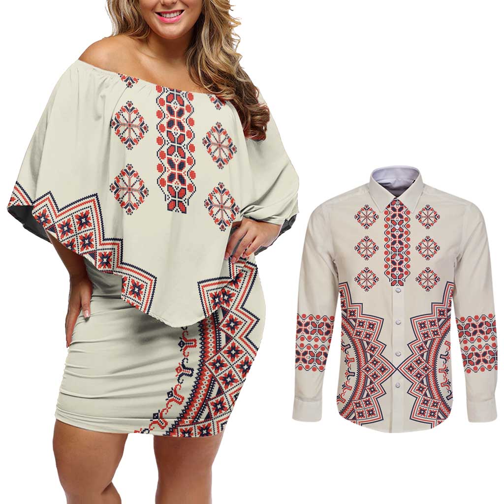 Romanian Traditional Pattern Couples Matching Off Shoulder Short Dress and Long Sleeve Button Shirt Unique - Wonder Print Shop