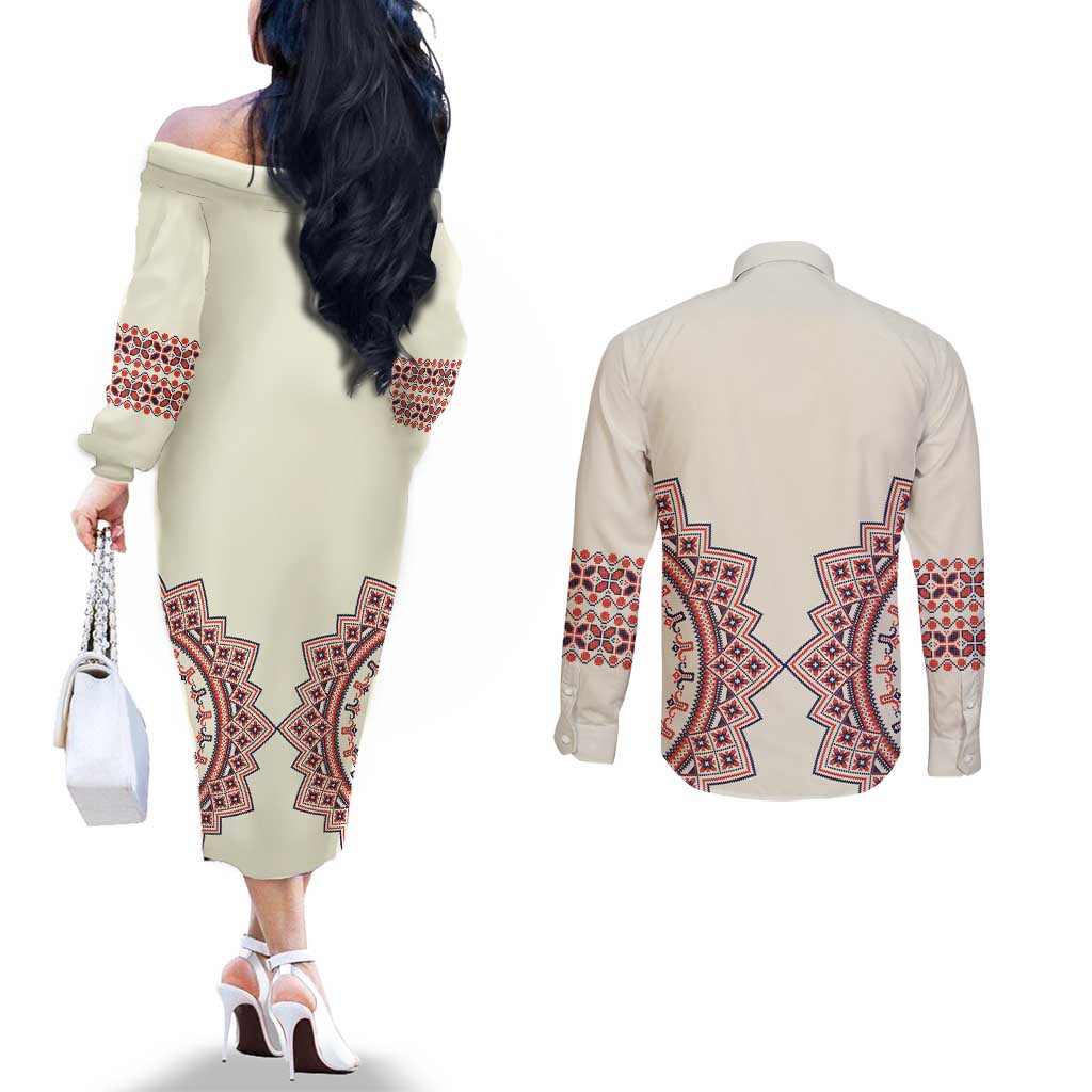 Romanian Traditional Pattern Couples Matching Off The Shoulder Long Sleeve Dress and Long Sleeve Button Shirt Unique