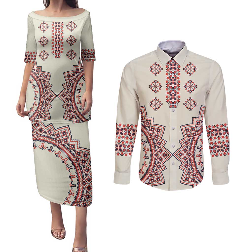 Romanian Traditional Pattern Couples Matching Puletasi and Long Sleeve Button Shirt Unique - Wonder Print Shop