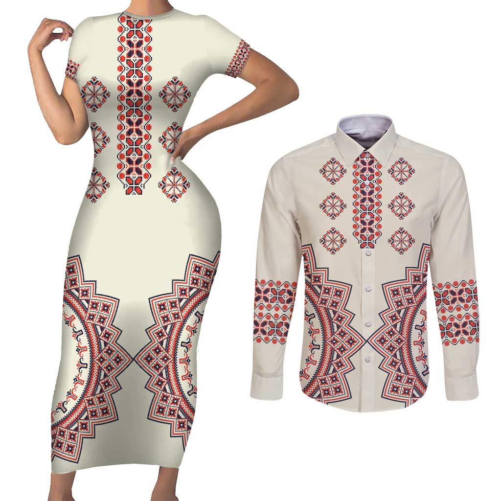 Romanian Traditional Pattern Couples Matching Short Sleeve Bodycon Dress and Long Sleeve Button Shirt Unique - Wonder Print Shop