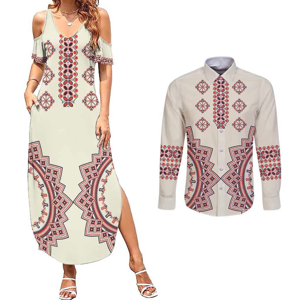 Romanian Traditional Pattern Couples Matching Summer Maxi Dress and Long Sleeve Button Shirt Unique - Wonder Print Shop