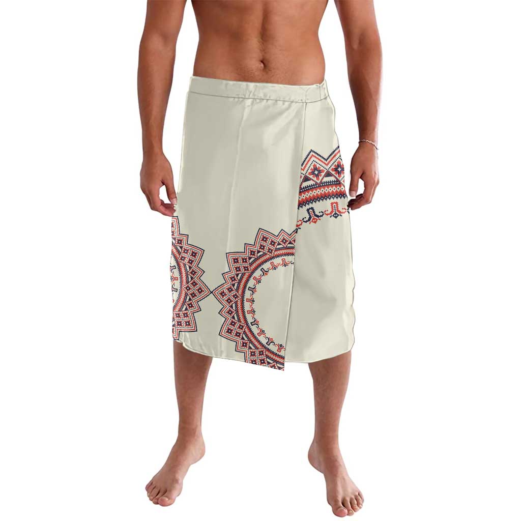 Beige lavalava-style wrap skirt with red and blue Romanian pattern panel