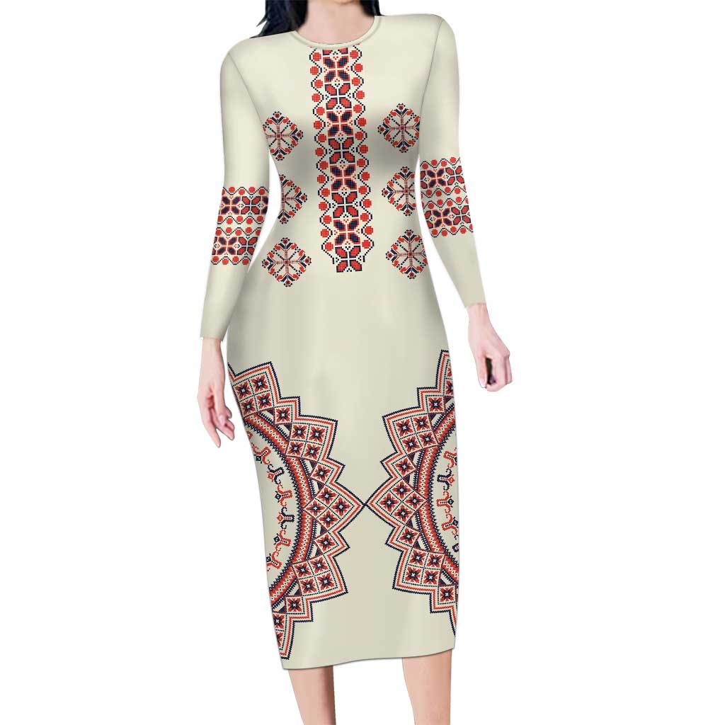 Romanian Traditional Pattern Long Sleeve Bodycon Dress Unique - Wonder Print Shop