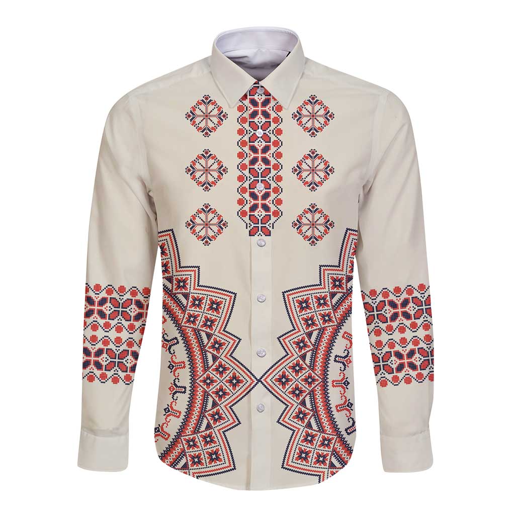 Romanian Traditional Pattern Long Sleeve Button Shirt Unique - Wonder Print Shop