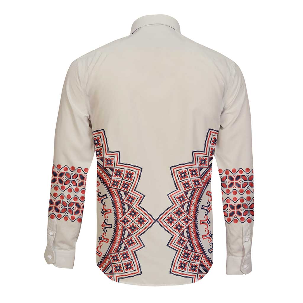 Beige long-sleeve button shirt with folk embroidery on back and cuffs