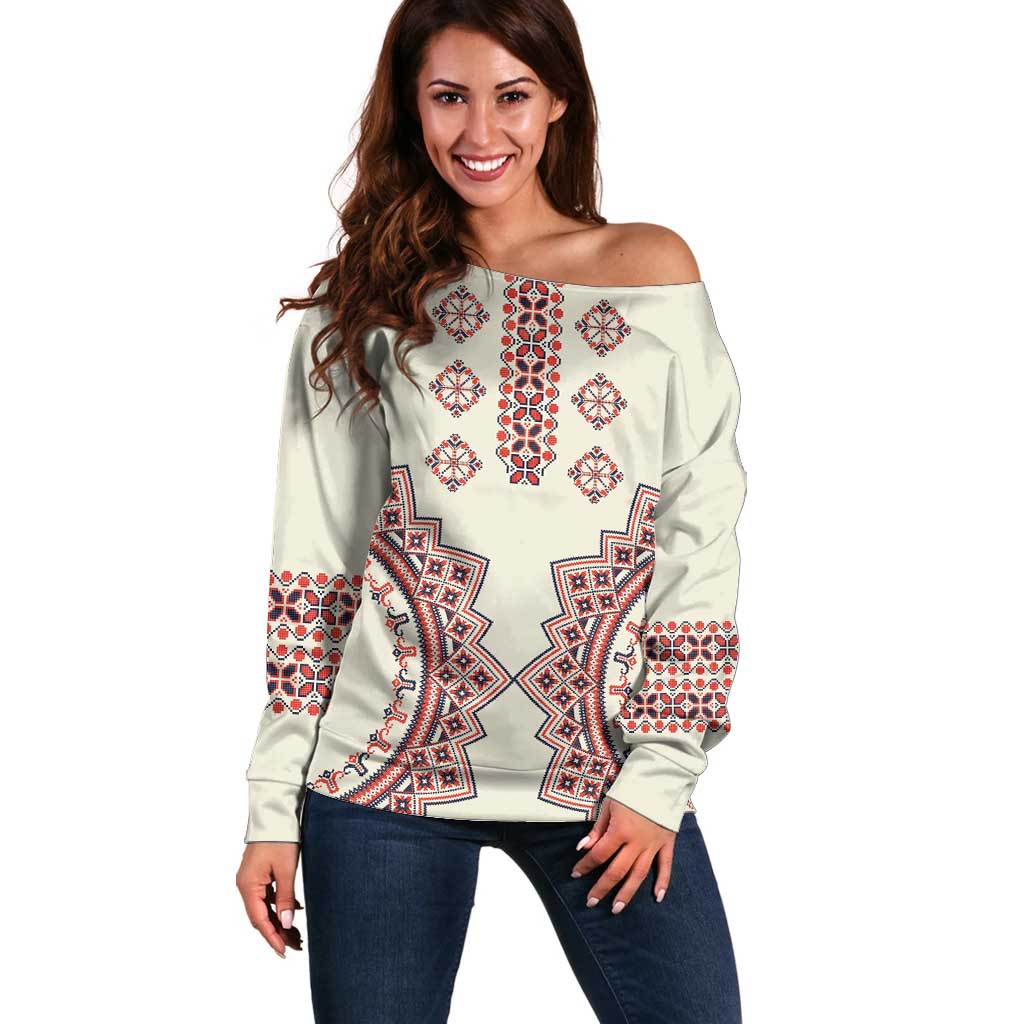 Romanian Traditional Pattern Off Shoulder Sweater Unique - Wonder Print Shop