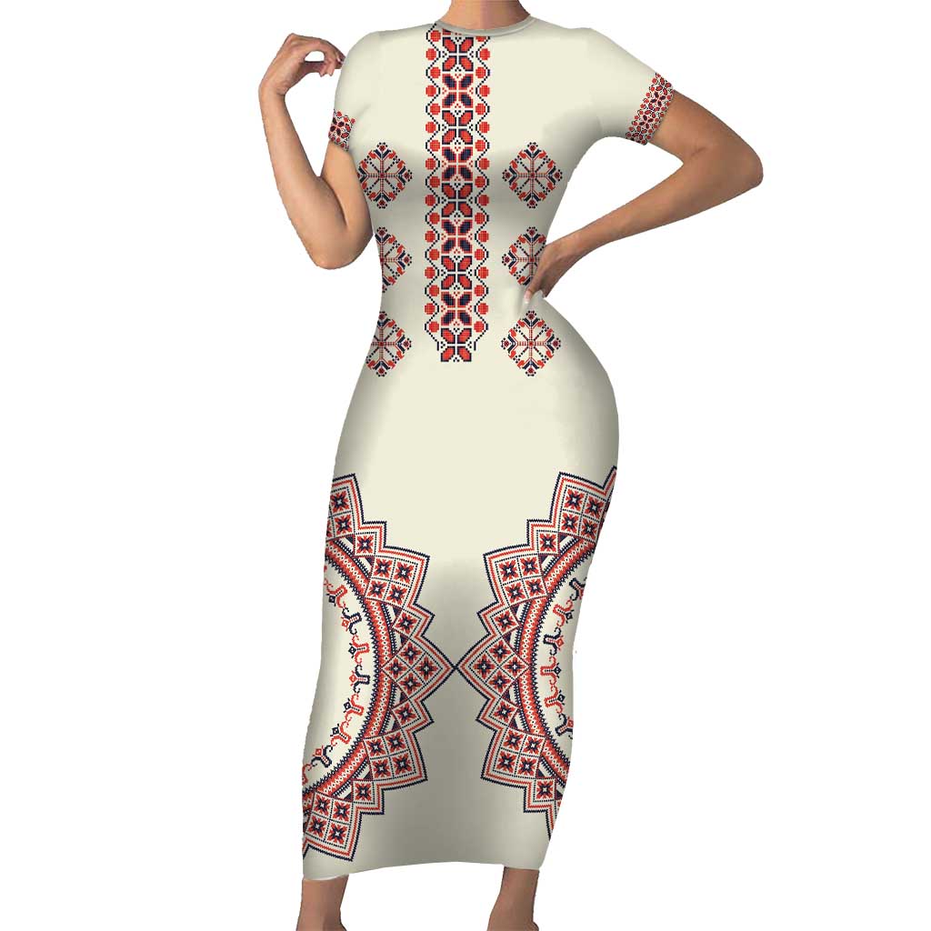 Romanian Traditional Pattern Short Sleeve Bodycon Dress Unique - Wonder Print Shop