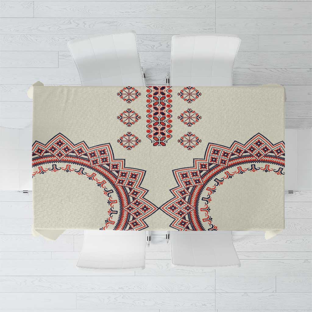Beige tablecloth with red and blue Romanian-style geometric pattern