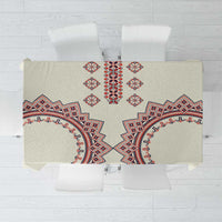 Beige tablecloth with red and blue Romanian-style geometric pattern