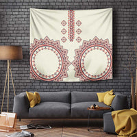 Beige tapestry with red and navy Romanian-style geometric and floral border designs