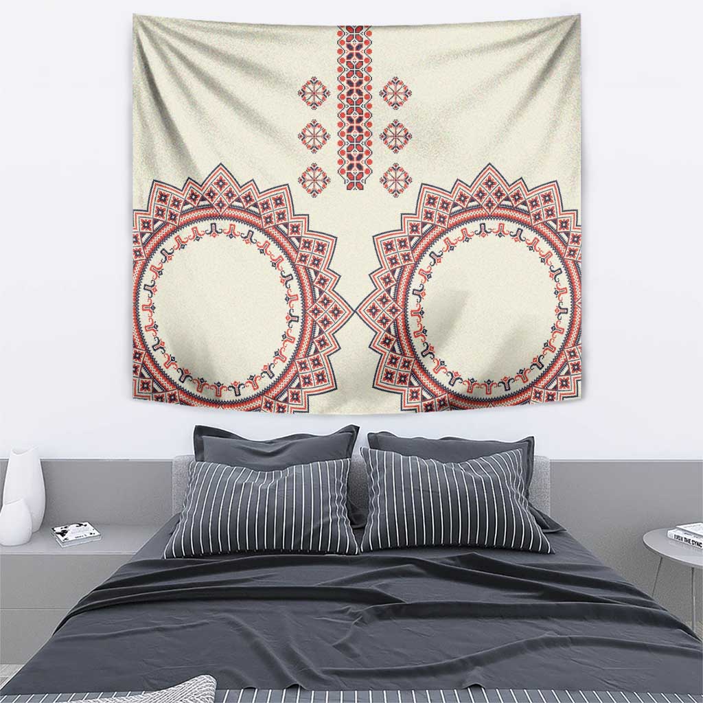 Beige tapestry wall hanging with red and navy circular motif and vertical ornament