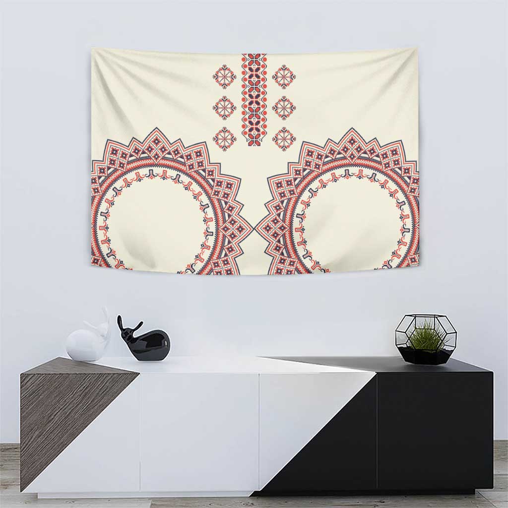 Beige tapestry featuring red and navy round medallion patterns and central vertical motif