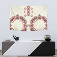 Beige tapestry featuring red and navy round medallion patterns and central vertical motif