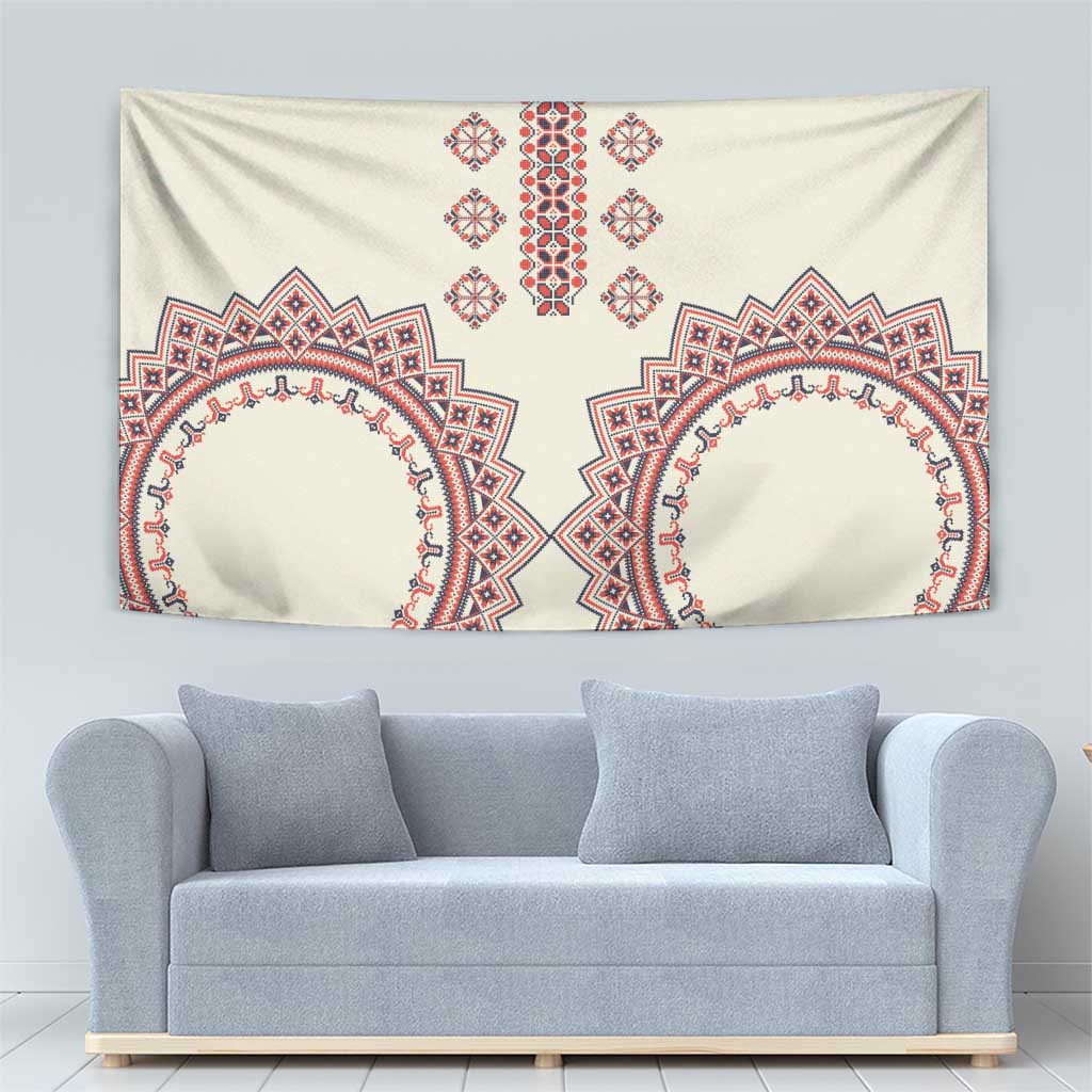 Beige woven tapestry with red and navy ornamental frames and floral-style border